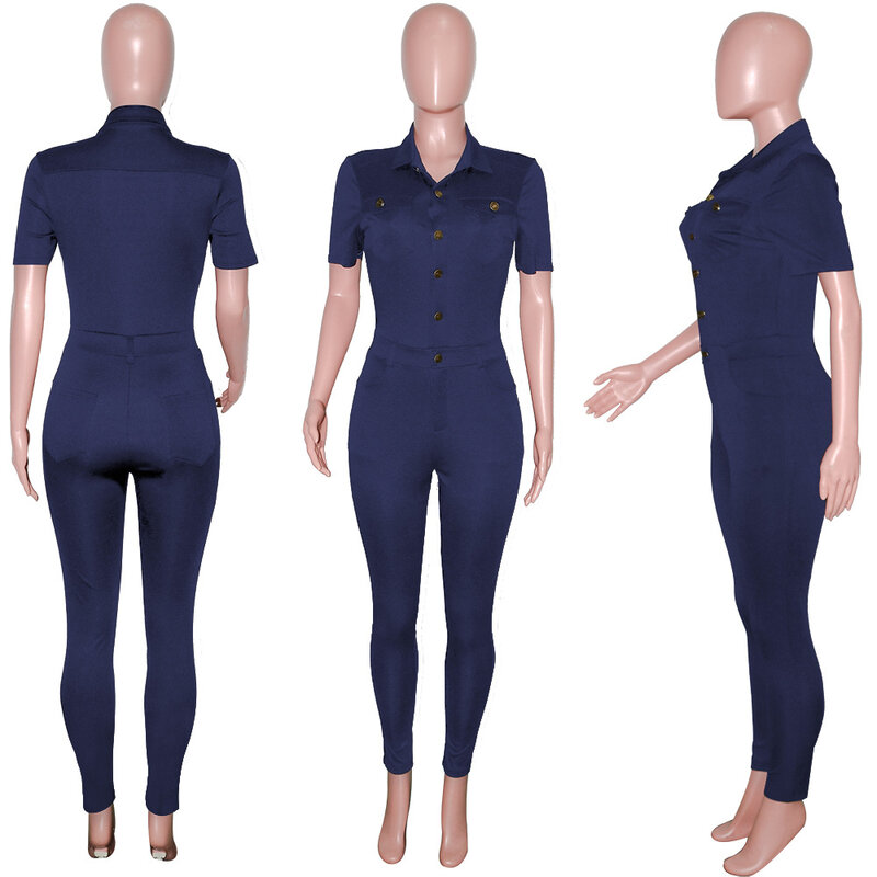 Fashion Casual Straight-Leg Jumpsuit Women's Solid Color Middle Waist Lapel Short-Sleeved Single-Breasted Jumpsuit Pants