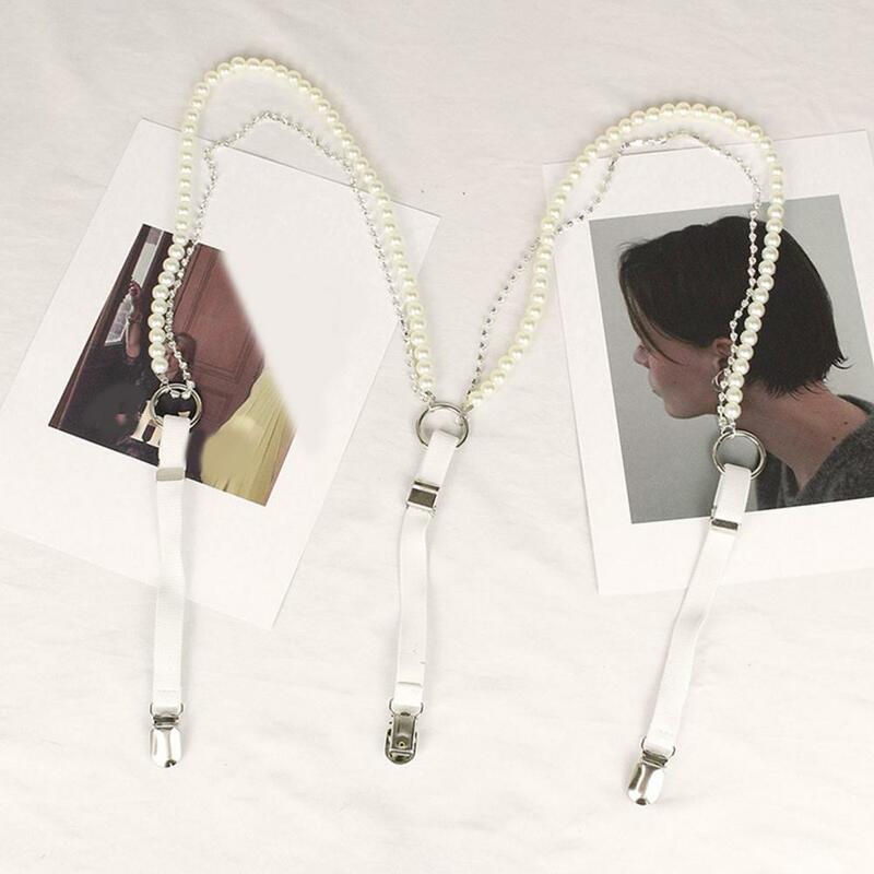Duck-mouth Clip Strap Chain Rhinestone Faux Leather Suspenders Belt for Women with Adjustable Elastic Duck-mouth Clip Back Strap