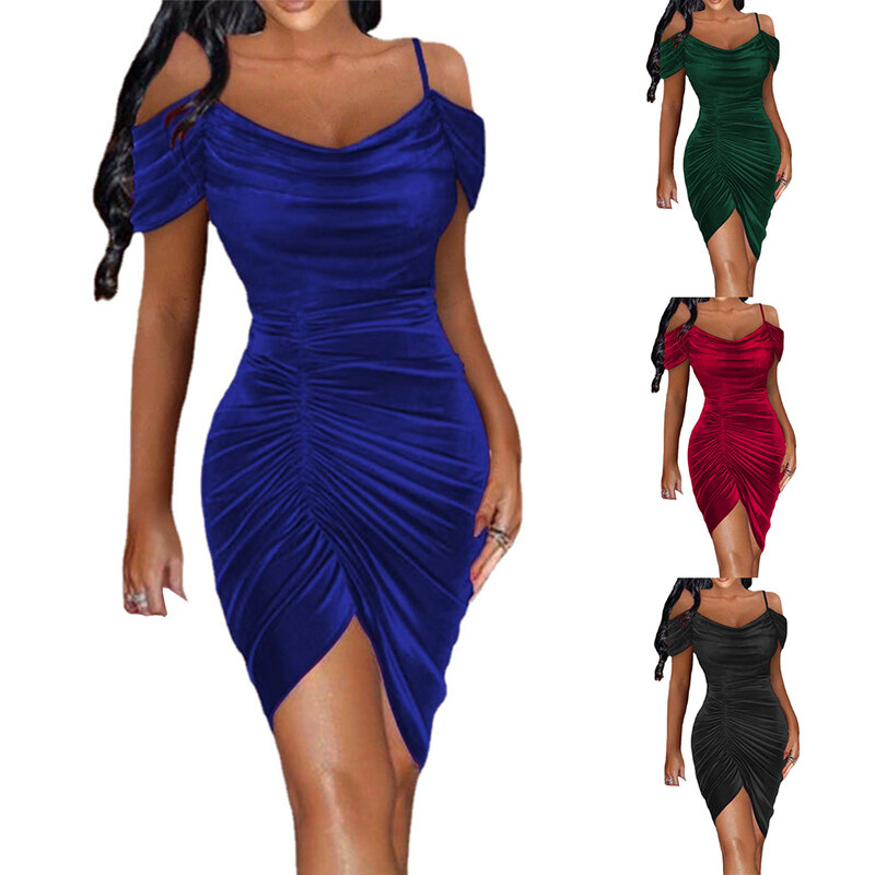 Fashionable Womens Dress Skirt Sexy Shoulder Dress Slight Strech Soft Solid Color Appointments Bodycon Cocktail