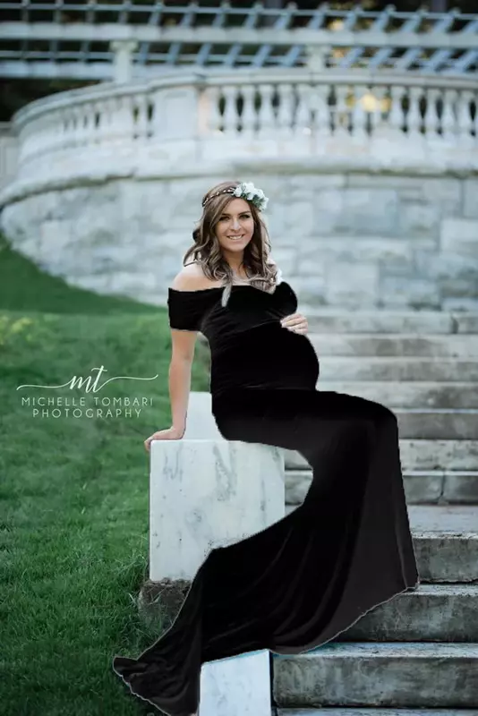 Elegence Shoulderless Maternity Shoot Dress Cute Pregnancy Photography Dress For Baby Shower Pregnant Women Maxi Gown Photo Prop