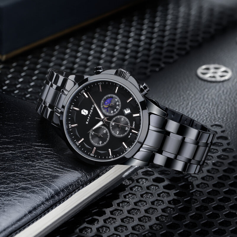 SAPPHERO-Relógio de pulso masculino em aço inoxidável, Relógio Quartz Empresarial de Luxo, Casual Date, Impermeável, 100m