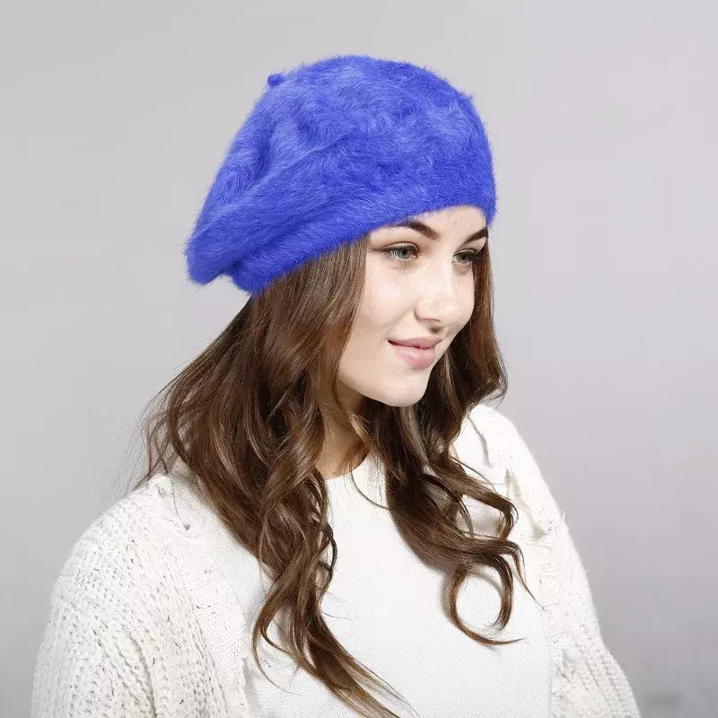 Sombrero de imitación de pelo de conejo para mujer, gorro de lana grueso y cálido, gorro de punto, Invierno