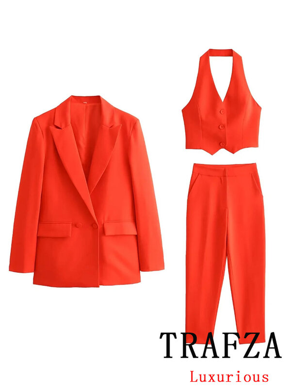 TRAFZA Vintage Casual Office Lady Solid Suit Pockets Orange Blazer V-Neck Single Breasted Vest Loose Pants New Fashion 2024 Set