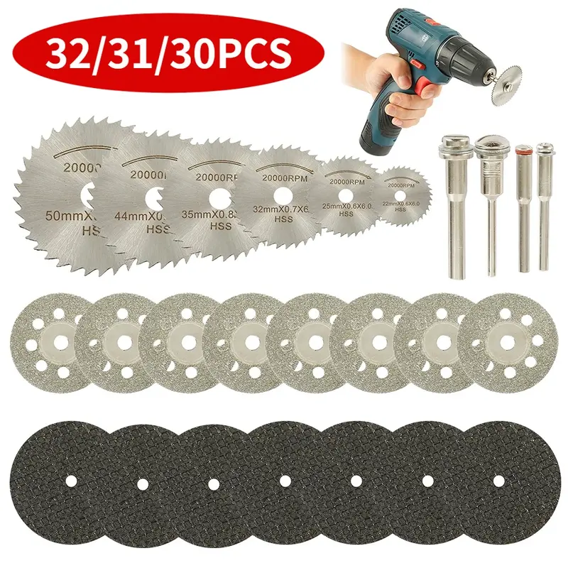 32/31/30 Pcs Mini Circular Saw Blade Set Sanding Grinding Wheel Cutting Disc for Dremel Accessories Metal Cutting Rotary Tools