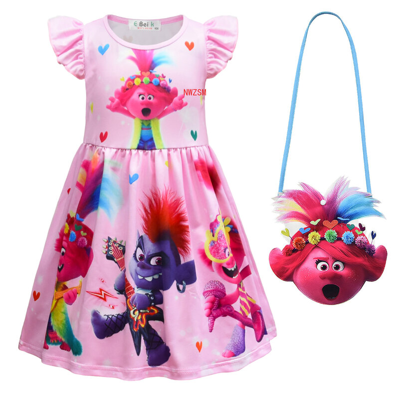 Vestido de princesa infantil, trolls infantis, roupas de verão femininas, seda de leite, manga plissada, aniversário, roupas florais