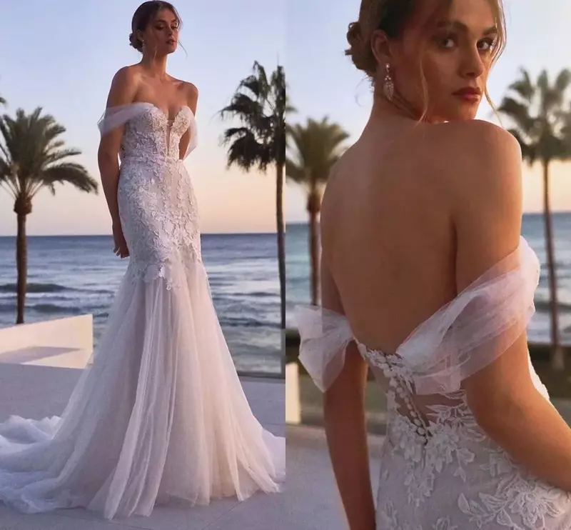 Sexy tulle backless women wrapped buttocks bridal Wedding dress Sweetheart off-the-shoulder Mermaid Decal Beach bridal dress