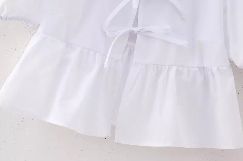Tops plisados informales recortados para mujer, camisas de manga corta abullonadas Vintage, Tops elegantes con decoración de cordones, 2024