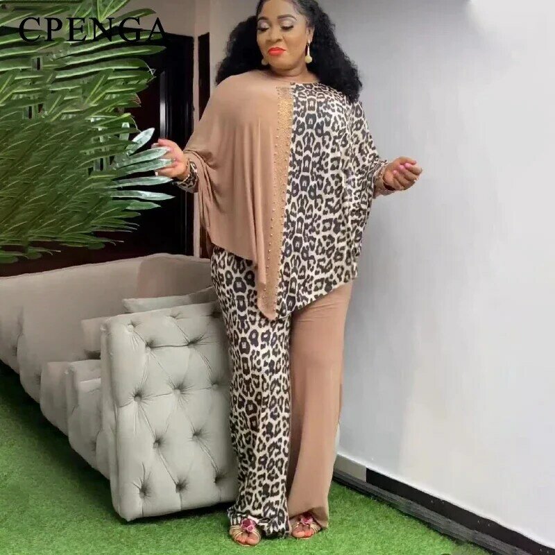 Fatos de top e calça dashiki africanos combinando para mulheres, roupas femininas elegantes, leopardo de noite, plus size, luxo, novo, 2023