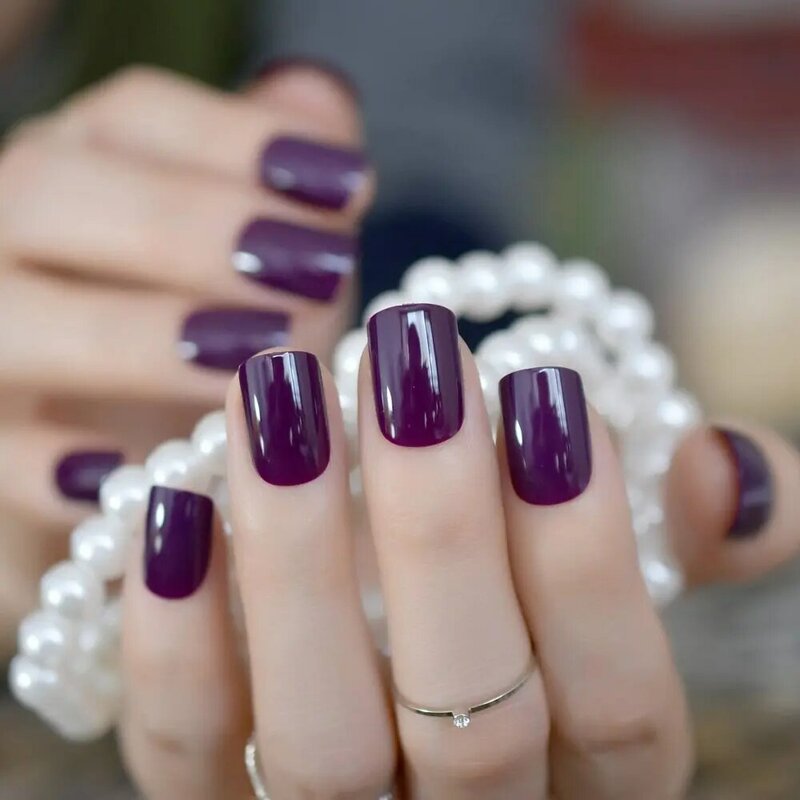 Purple Glossy Press On False Nails Short Squoval Daily Office Salon Manicure Reusable Acrylic Valentine's Day Fake Nail Art Tips