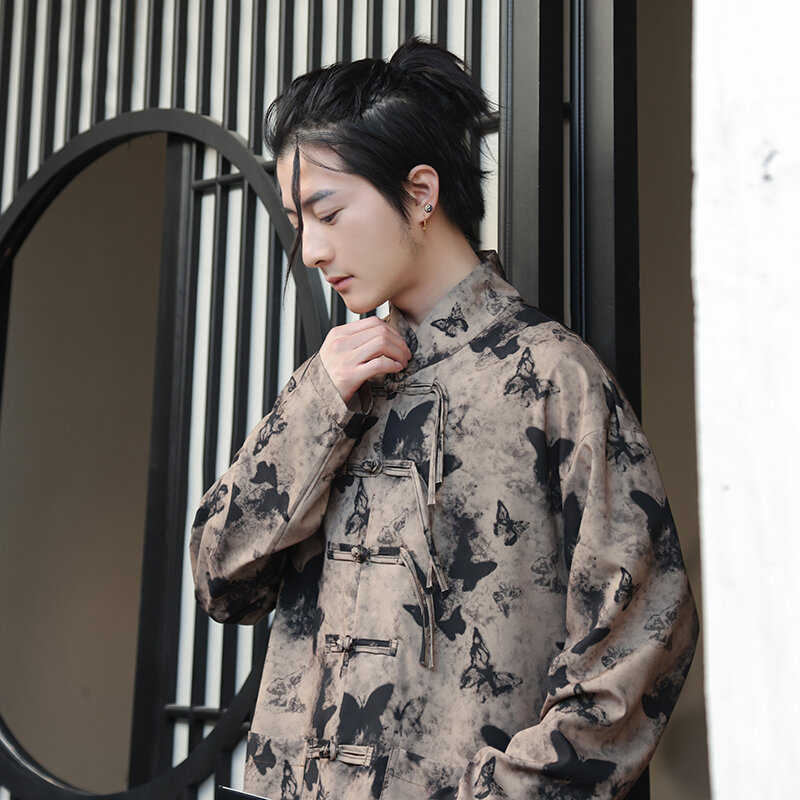 Casaco masculino estampado borboleta, camisa de manga longa, terno hanfu tang melhorado, botão j, novo chinês