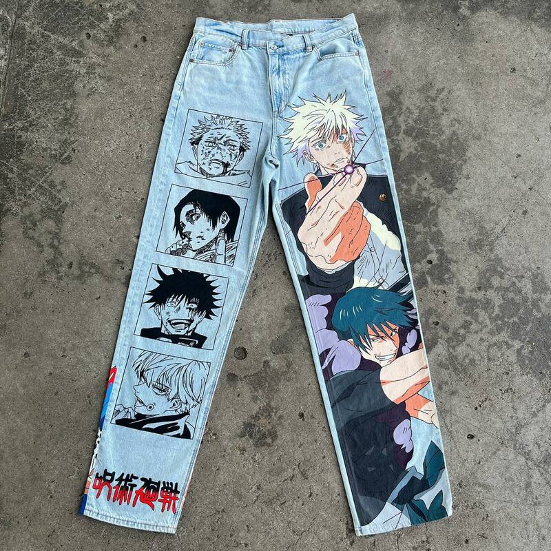 Japanische Anime Grafik Jeans mit weitem Bein Streetwear Y2k Jeans für Männer Frauen neue Harajuku-Stil Jeans mit hoher Taille und breiter Hose