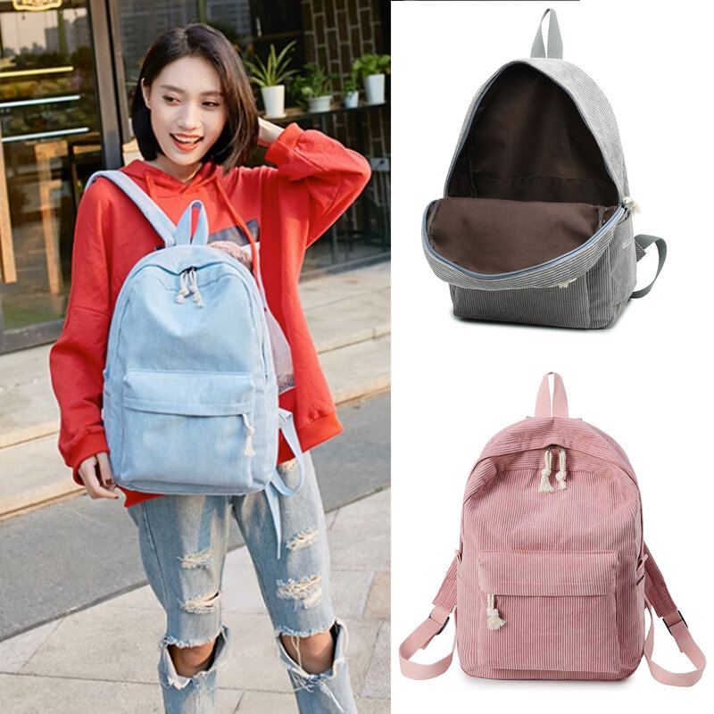 Mochila de veludo para meninas adolescentes, mochilas femininas, bolsa escolar listrada, bolsa de viagem, mochila estudantil