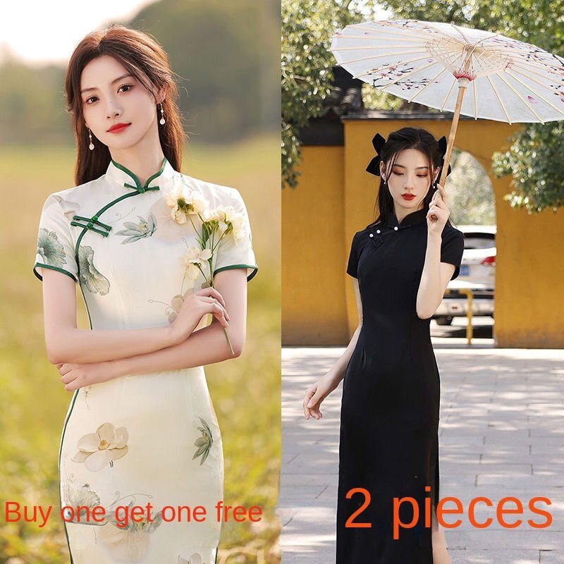 New Fashion Cheongsam Improved Dresses  Women Fresh  Slim Temperament Mid Length Elegant Chinese Style Cheongsams long dresses
