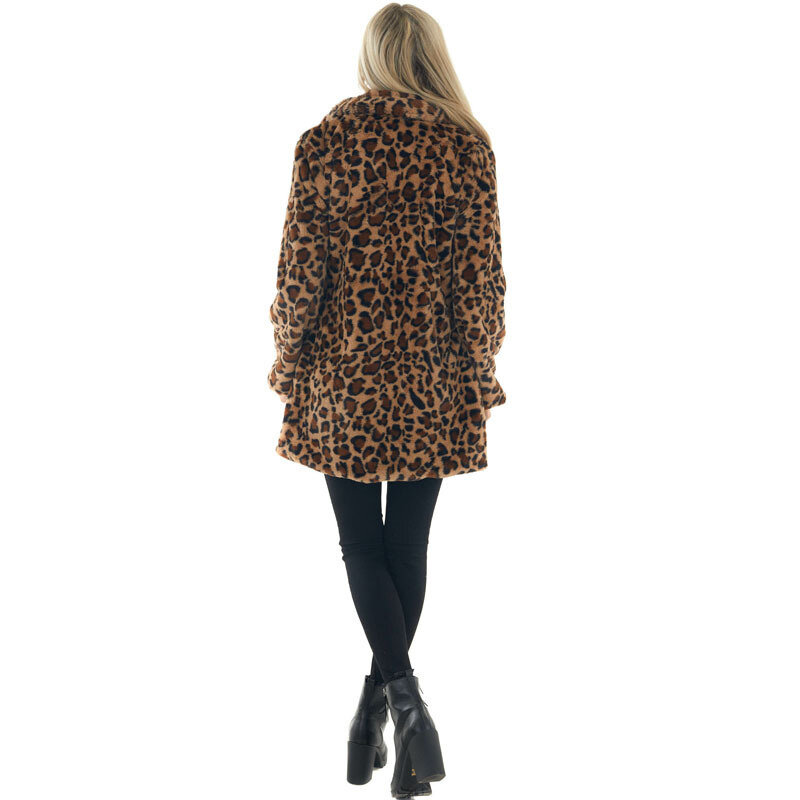 Zima Leopard średniej długości kurtka kobiety moda Temperament imitacja płaszcz z kapturem luźne pluszowe kurtki jesień futra kurtki