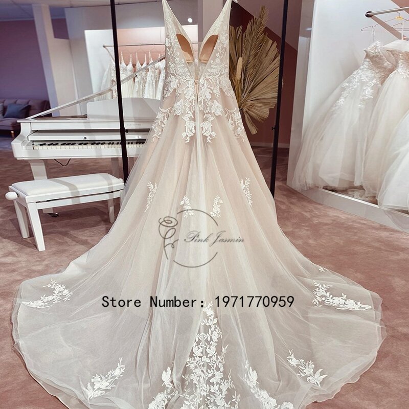Ivory Deep V Neck Wedding Dresses For Women 2023 New Gorgeous Applique Elegant Lace Court Train Bridal Gowns Robe De Mariée