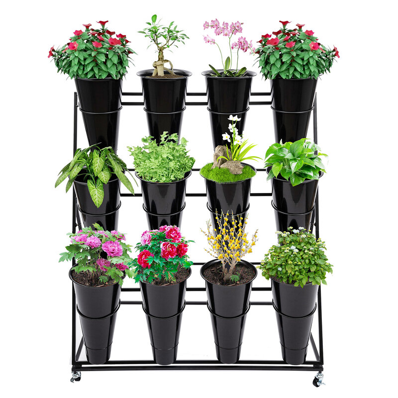 Dudukan Display bunga hitam-12 buah ember/3 lapis penyangga tanaman logam dengan roda