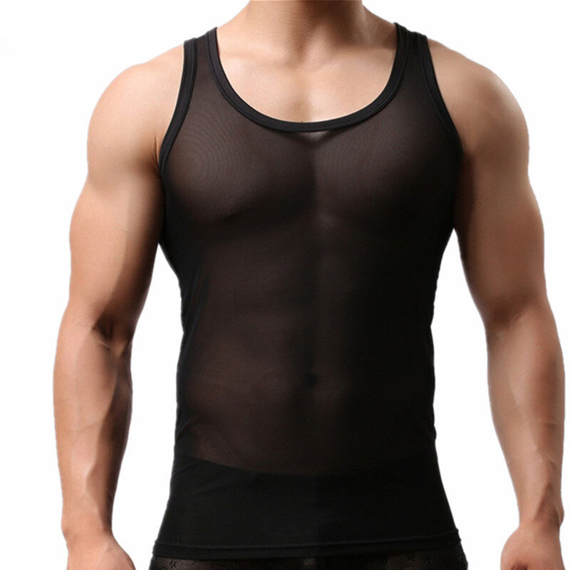 Camisetas de malla transparente para hombre, ropa interior Sexy sin mangas, informal, deportiva, Fitness, gimnasio, musculoso