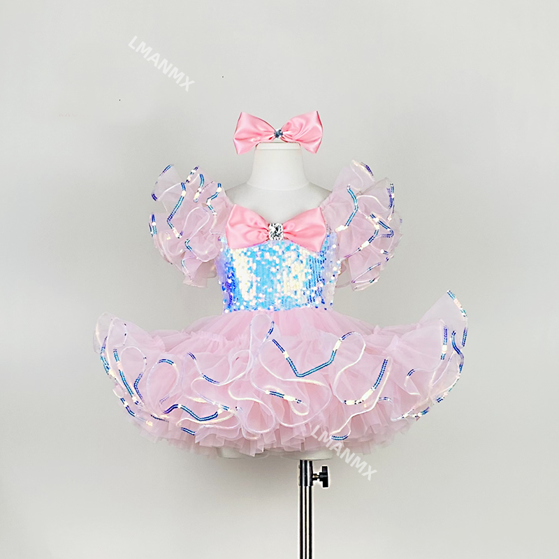 Vestido Tutu de dança moderna lantejoulas para meninas, roupas infantis, traje de dança jazz, vestido de princesa de casamento infantil