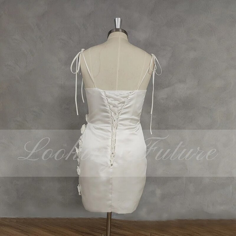 Morden Simple White Short Wedding Dress Sleeveless Satin Backless Vintage Plain Floral Bridal Gown Bow Applique Vestido de Novia