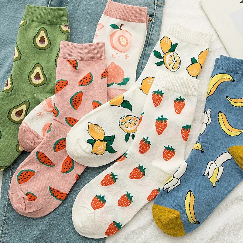 Women Funny Socks Spring Autumn Cartoon Socks Avocado Lemon Watermelon Peach Strawberry Banana Cotton Harajuku Casual Socks