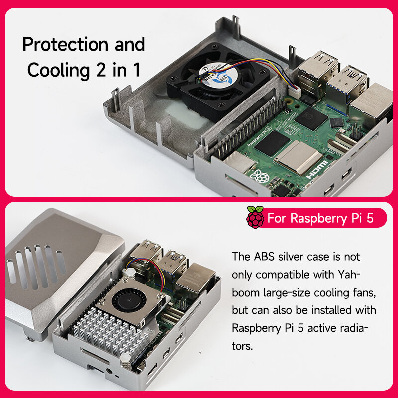 Raspberry Pi 5 ABS Case, Ventilador PWM Prateado Livre, à prova de poeira e anti-colisão, compatível com radiador oficial