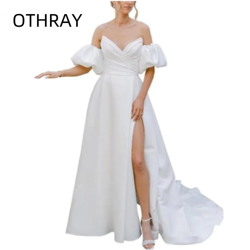 Long with Slit Beach Strapless Sweetheart A Line Boho Simple Bridal Gown Satin Puffy Sleeves Wedding Dresses for Women  2024