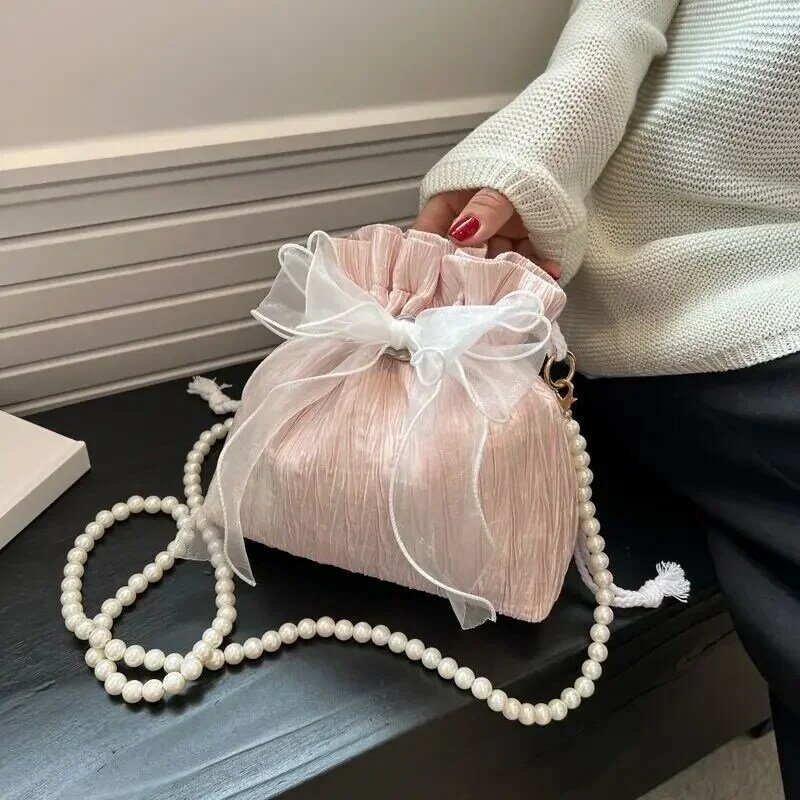 Sacs à bandoulière avec nœud en dentelle pour femmes, poudres de perles douces, sacs à main initiés pour dames, nickel é tout match, simple, mode Ins, E27