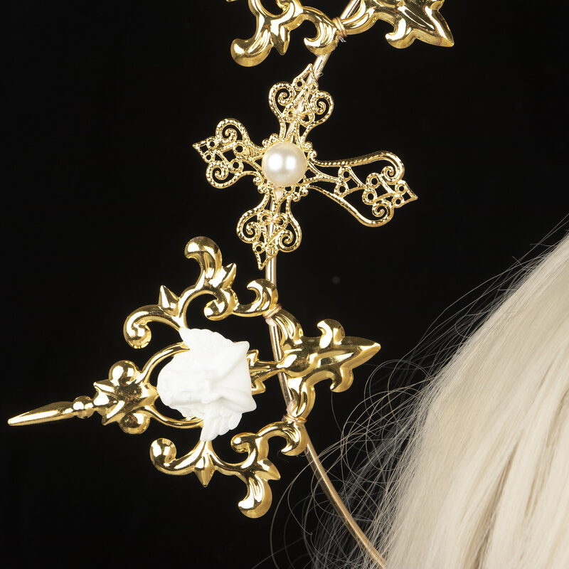 Lolita gótica KC, alas de Ángel de Halo dorado, tocado de la Virgen María de la diosa del sol, cadena de cuentas, accesorios para el cabello de novia