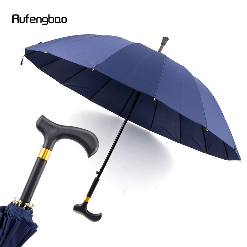 Paraguas de caña a prueba de viento automático azul, mango largo, agrandado, para días soleados y lluviosos, bastón, Crosier, 86cm