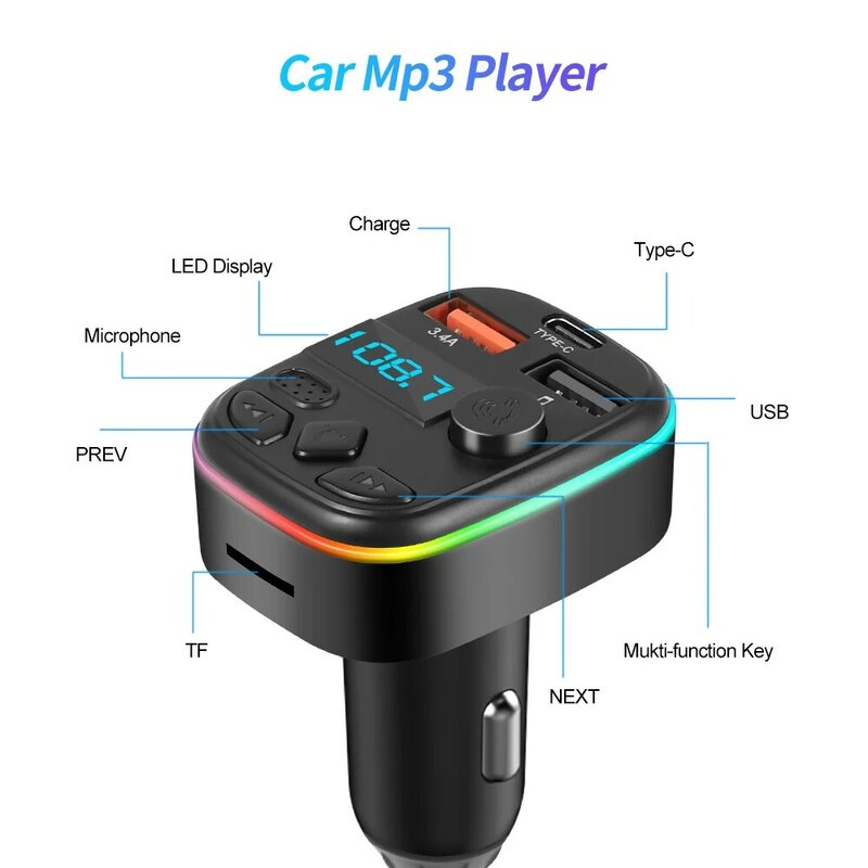 Auto Bluetooth 5.0 Fm-Zender Handsfree Carkit Met Pd 20W Type-C Dual Usb 3.4a Snellader Omgevingslicht Sigarettenaansteker