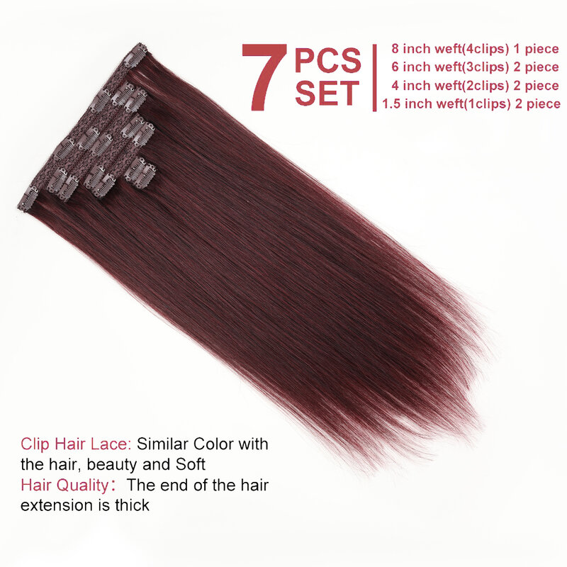 Ekstensi rambut manusia klip lurus merah anggur menambah rambut alami wanita 18 inci klip mulus dalam ekstensi rambut manusia asli