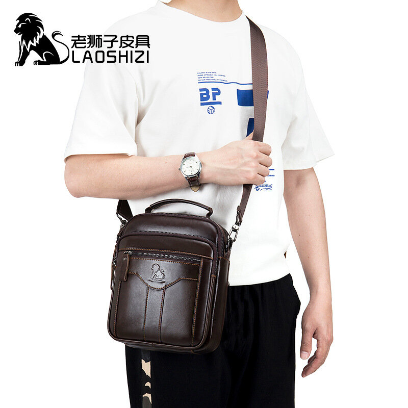LAOSHIZI-오리지널 레저 럭셔리 디자인 소가죽 핸드백 남성용, 레저 메신저 가방, 100%