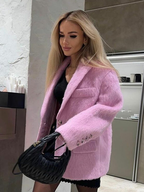 Women Mohair Woolen Plush Suit Coat Elegant Long Sleeve Loose Female Thick Turn Down Collar Jacket 2023 Winter Chic Office Lady