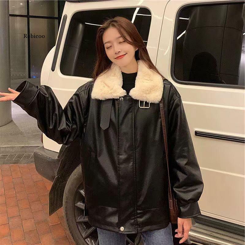 Winter Warm Kunstmatige Leren Jas Vrouwen Casual Losse Motorjas Vrouwen Street Style Grote Jas Koreaanse Mode Jas