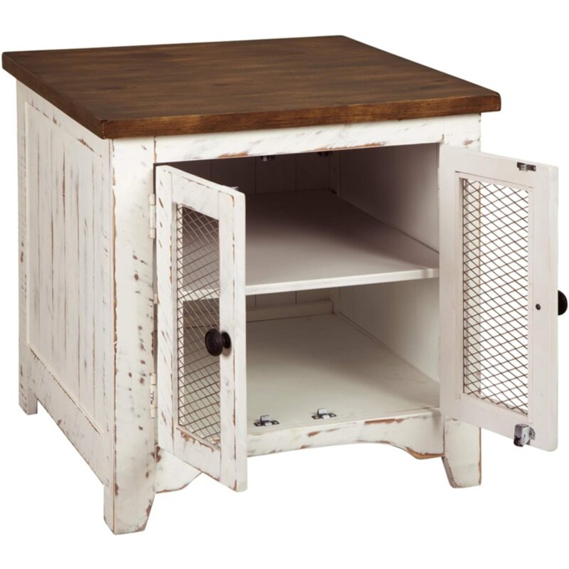 Wystfield Farmhouse End Table with Storage, Distressed White & Brown Finish