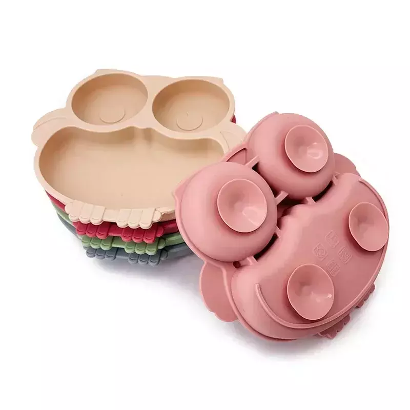 Plato de silicona sin BPA para comedor de bebé, cuenco con ventosa para alimentación de bebé, bonito búho, platos de succión para niños pequeños