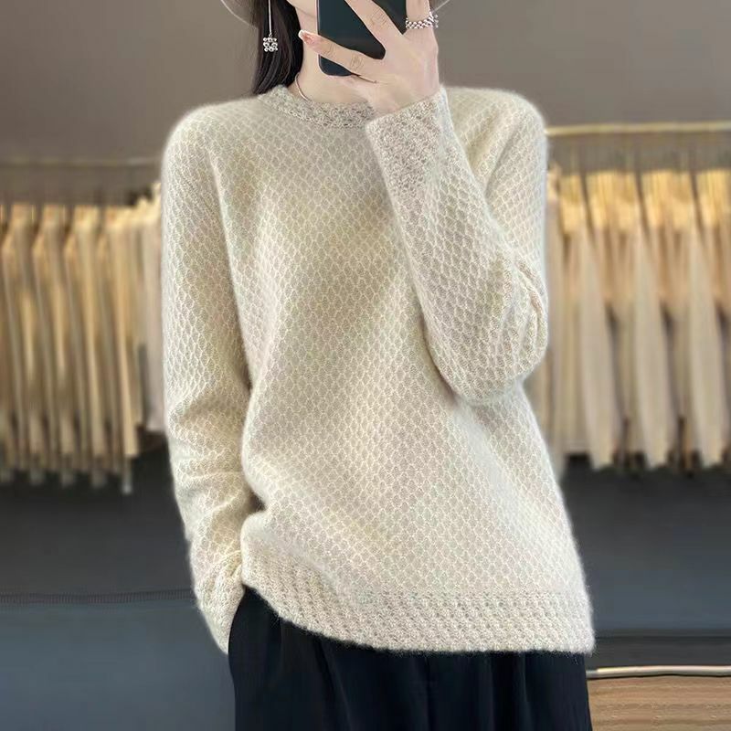 Maglione da donna 100% maglione di pura lana 2024 autunno/inverno moda Versatile mezzo collo alto lavorato a maglia fondo camicia Waffle CoatTop