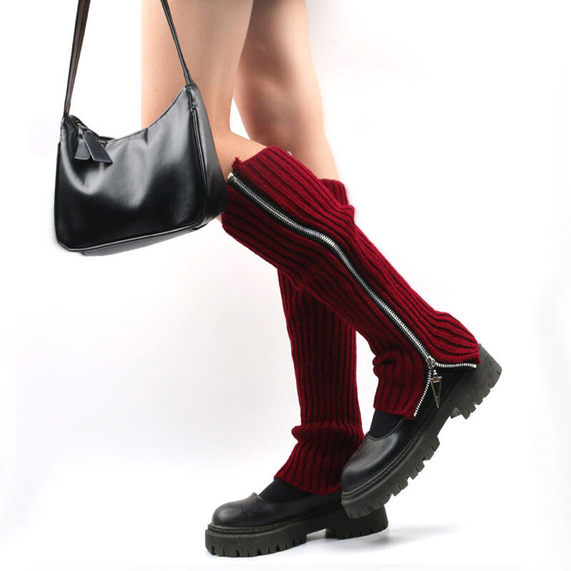 Ritsleting rajutan kaki hangat warna permen wanita Boot kaus kaki musim dingin tebal hangat penutup kaki Lolita stoking aksesoris Legging
