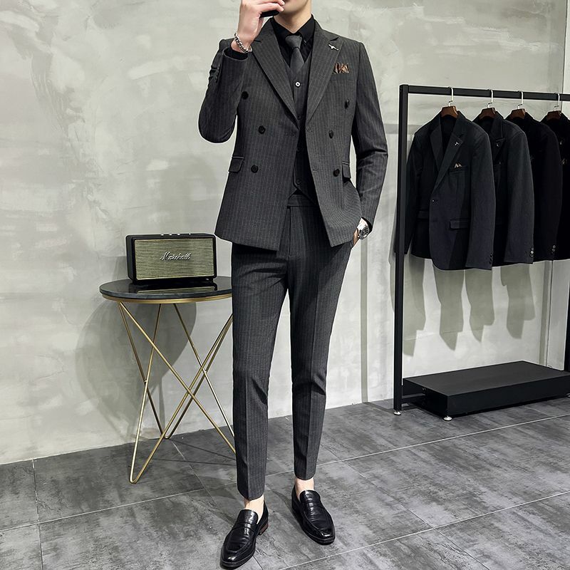 2-A14 Double slit striped suit men's suit youth slim Korean style casual suit jacket trendy groom wedding dress