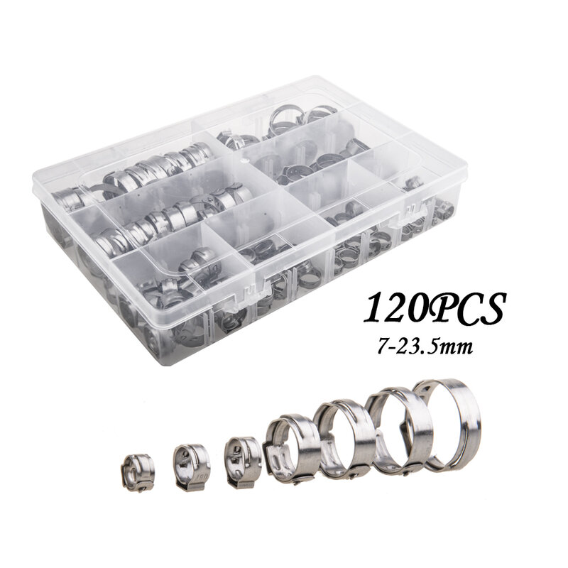 120PCS 7-23.5MM 304 Stainless Steel Single Ear Stepless Hose Clamps Cinch Clamp Rings for Sealing Kinds