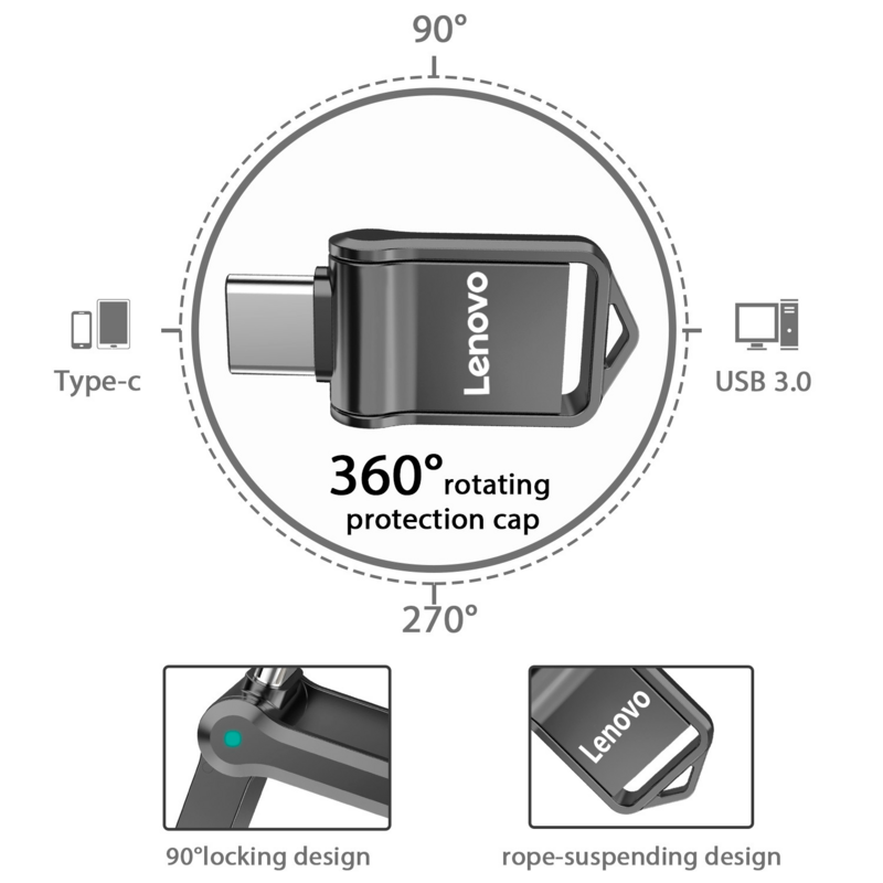 Lenovo-unidad Flash USB 3,0 de 2TB, alta velocidad, 1TB, 512GB, interfaz tipo C, memoria Flash de doble uso para teléfono móvil y ordenador