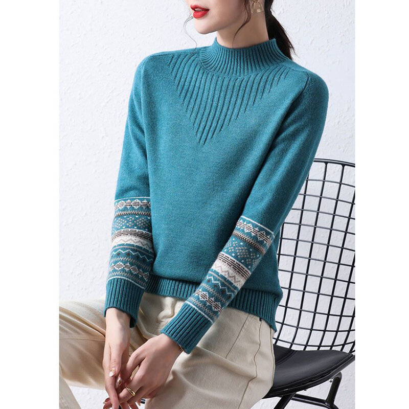 Women's Vintage Striped Printed Half High Collar Outwear Knitted Sweaters Autumn Winter Casual Long Sleeve Pullovers Top Female