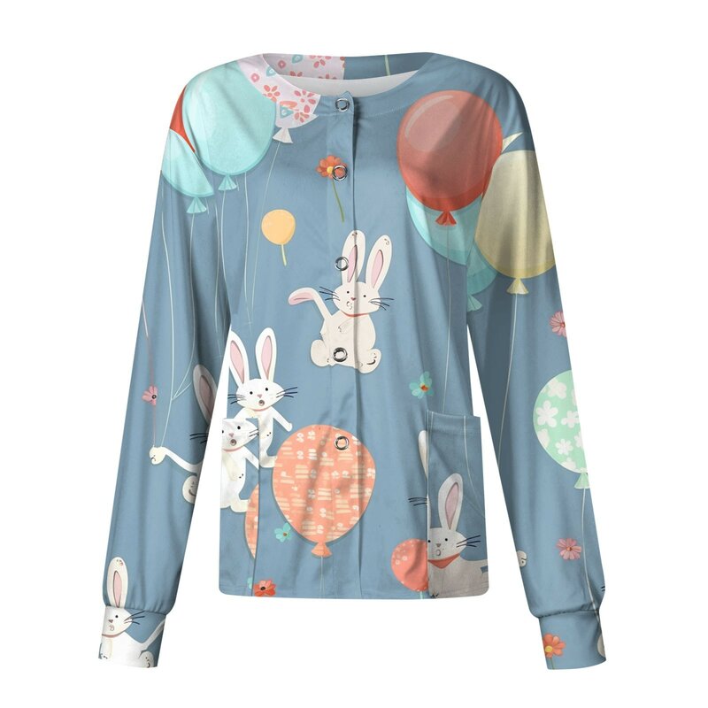 Round Collar Pocket Nurse Working Uniform Single-Breasted Protective Overalls Jackets Tops Women Easter Printed Long Sleeve Tops