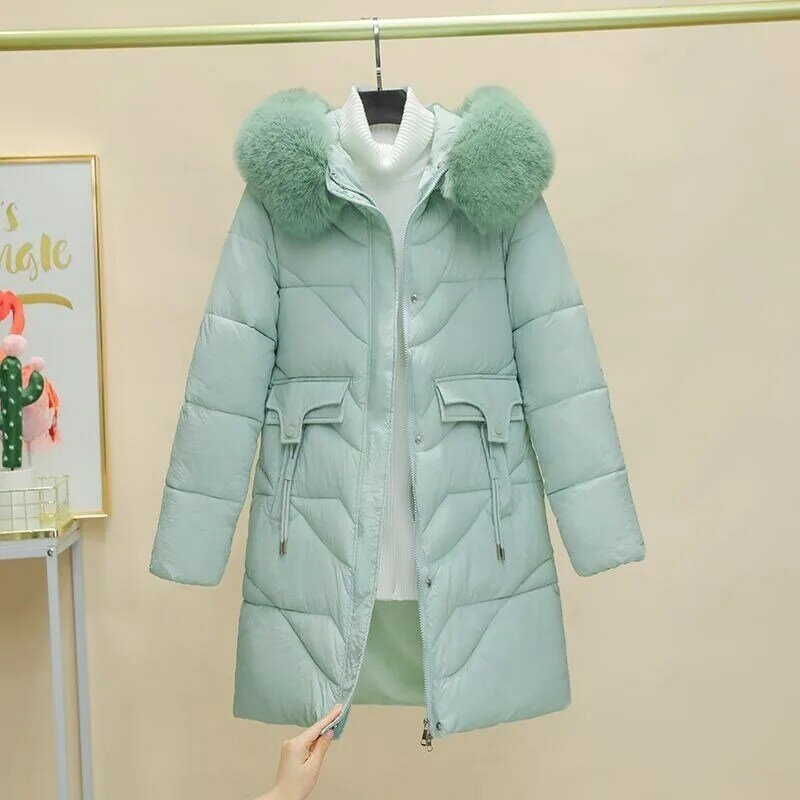 Новинка 2023, женское пуховое пальто из хлопка, зимняя куртка, версия средней длины, парки, облегающая плотная теплая верхняя одежда, пальто с капюшоном и меховым воротником