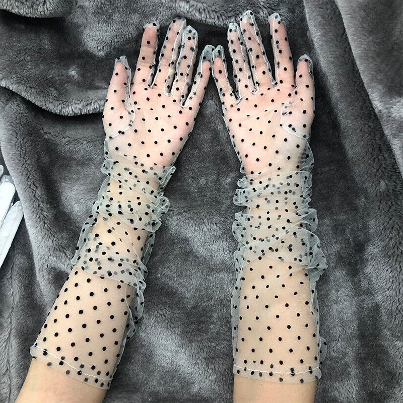 Autumn Summer Women Short Tulle Gloves White Black Dot Weeding Gloves Stretchy Lace Spots Full Finger Mittens Mesh Lace Gloves