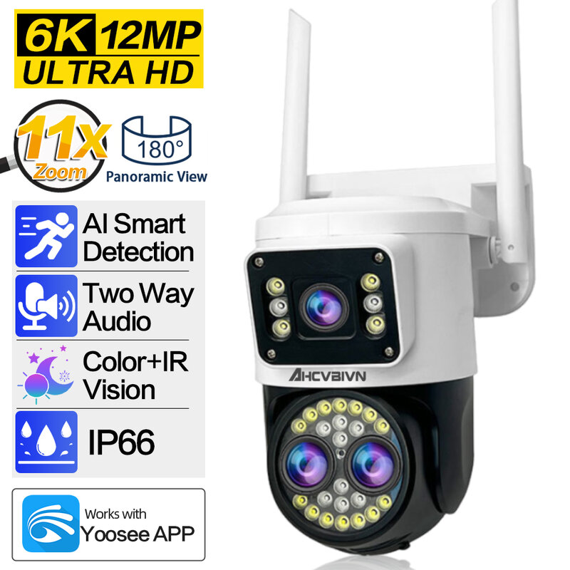 شاشة مزدوجة واي فاي كاميرا PTZ ، تكبير رقمي 11X ، رؤية ليلية ملونة ، حماية أمنية خارجية ، كاميرا IP CCTV 4K ، صوت ثنائي الاتجاه ، 12 ميجابكسل