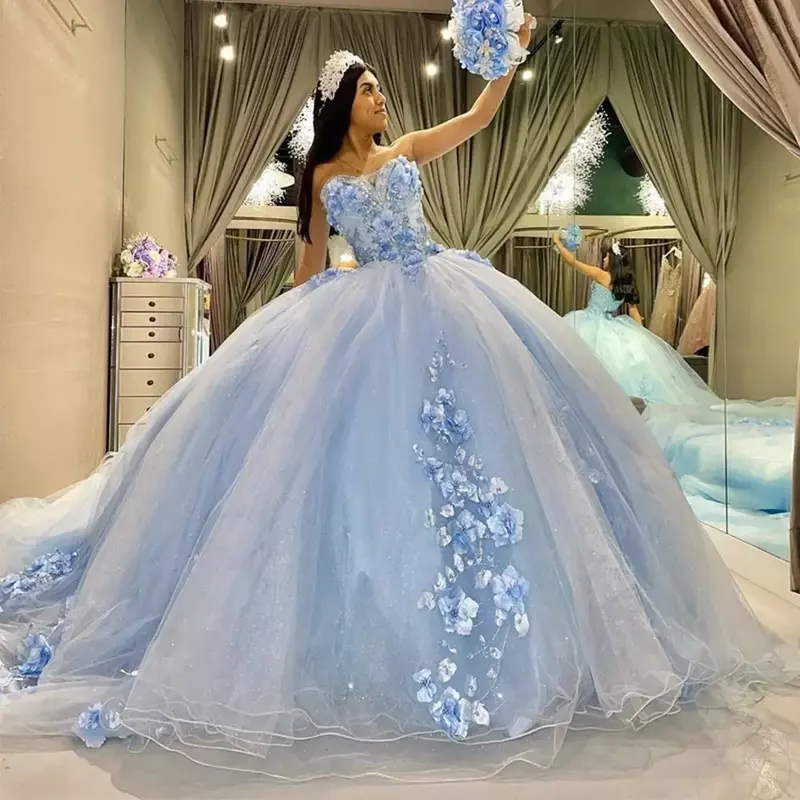 Sky Blue Sweetheart Quinceanera Dresses 3D Flowers Lace Appliques Robes De Soirée Vestidos De 15 Anos Corset Back