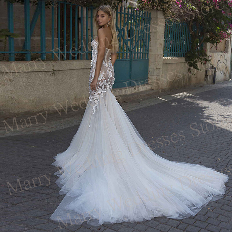 Seksowna fascynująca syrenka wdzięczna damska suknie ślubne bez ramiączek 3D kwiaty koronkowe suknie panny młodej bez rękawów Vestidos De Novias