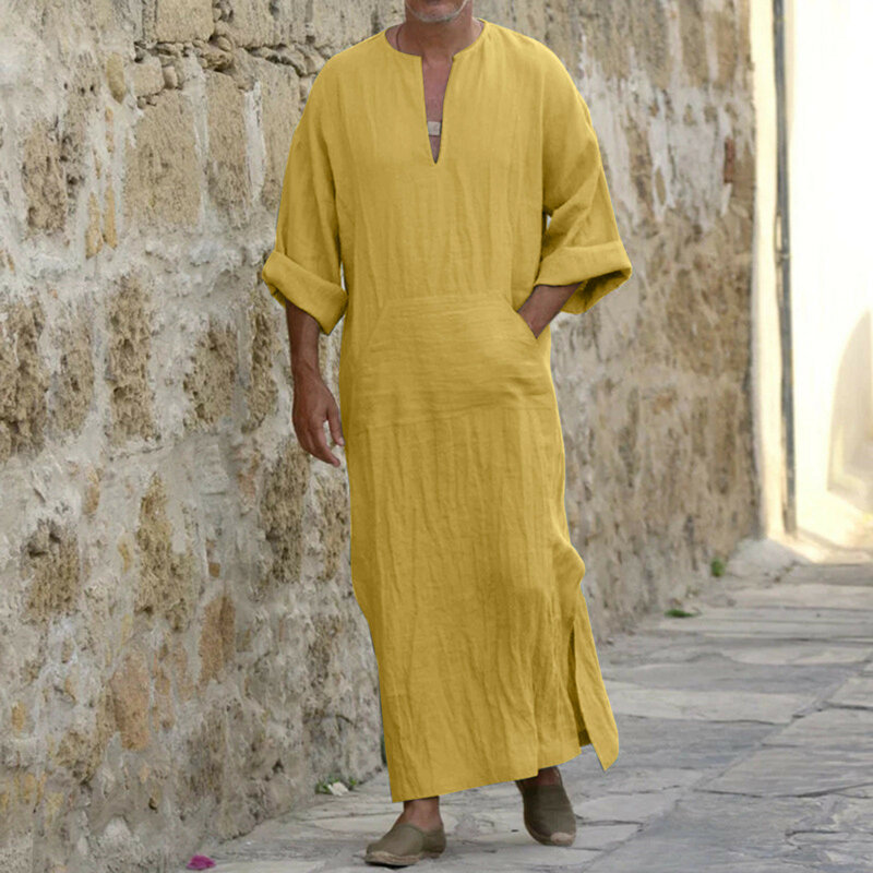 Jubba Thobe caftano da uomo arabo musulmano islamico con scollo a v manica corta tinta unita cotone lino Robes moda musulmana Arabia uomo Abaya
