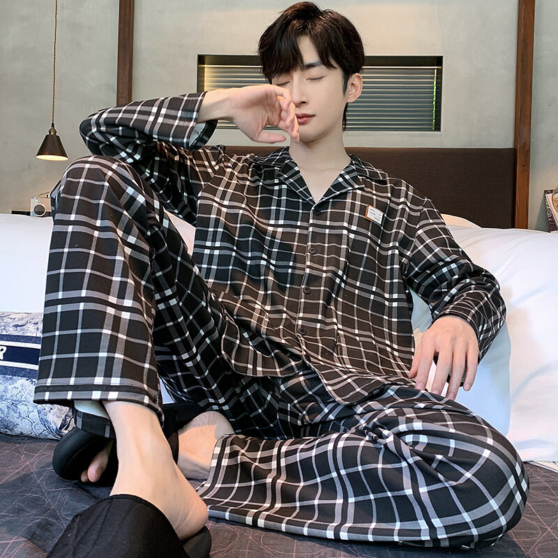 Spring Autumn Men's Cotton Pajamas Lapel Long Sleeve Printed Cardigan Oversized Loose Fitting Casual Home Clothing Set